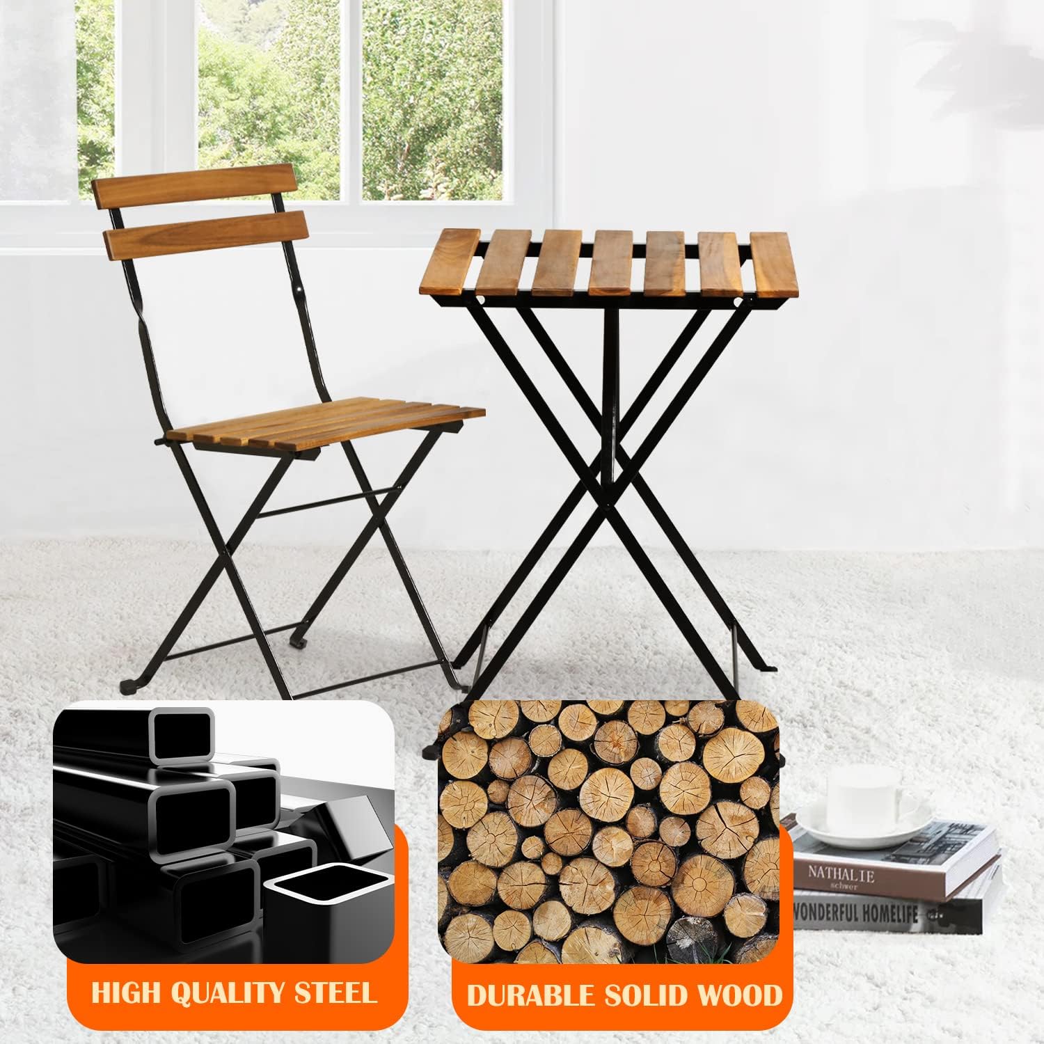 Natural wood 3-piece folding p - Bistro Table Set ulasan dan harga